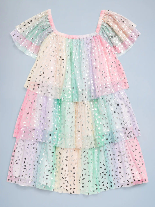 Birthday Short-Sleeve Tulle Tiered Dress for Toddler Girls