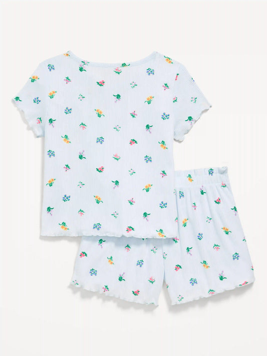 Ribbed Lettuce-Edge Pajama Top and Shorts Set for Girls
