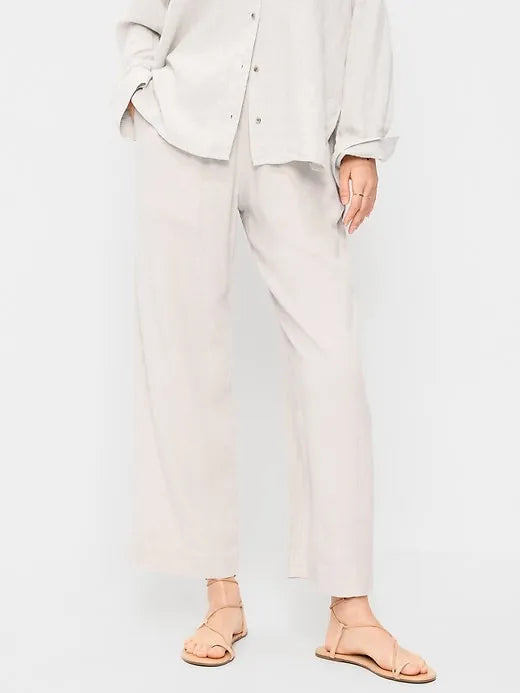 High-Waisted Linen-Blend Straight Ankle Pants