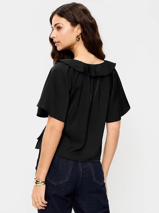 Satin Ruffle Tie-Front Top