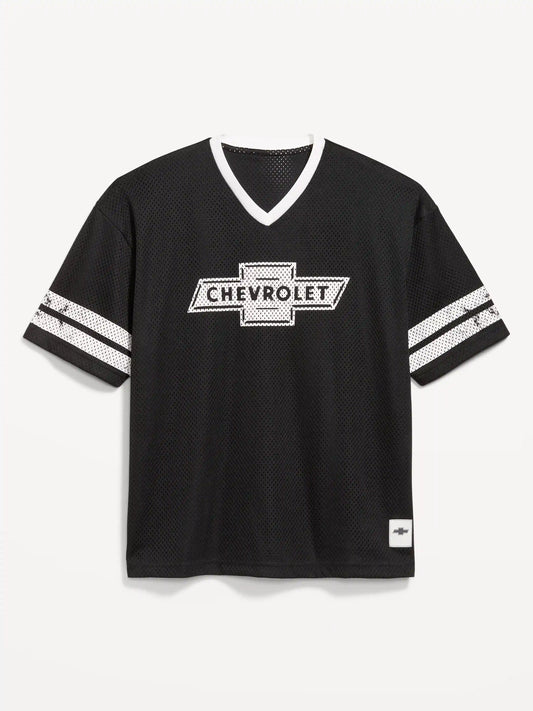 Licensed Graphic Cropped Mesh V-Neck T-Shirt