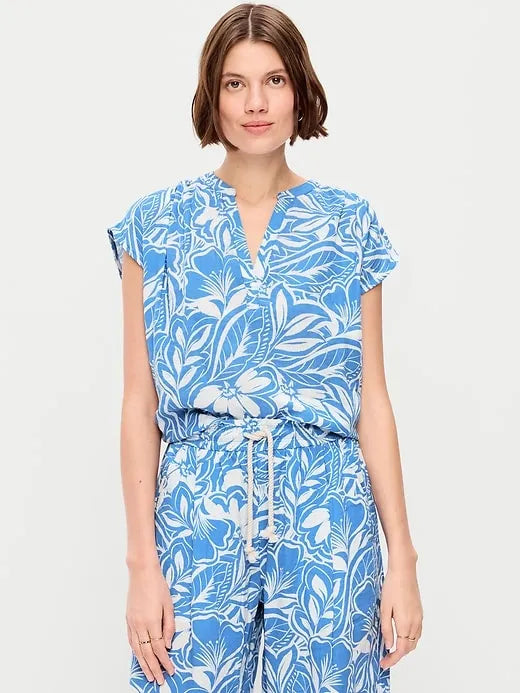 Short-Sleeve Crinkle Gauze Popover Top