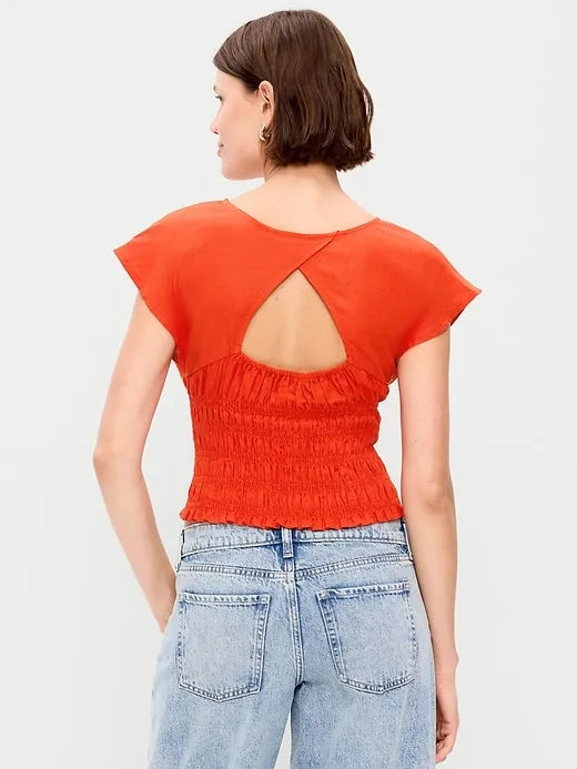 Linen-Blend Short-Sleeve Smocked Top