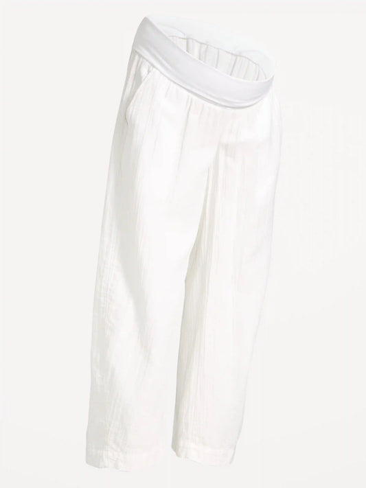 Maternity Rollover-Waist Crinkle Gauze Barrel Leg Ankle Pants