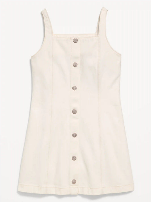 Sleeveless Fit and Flare Button-Front Jean Dress for Girls