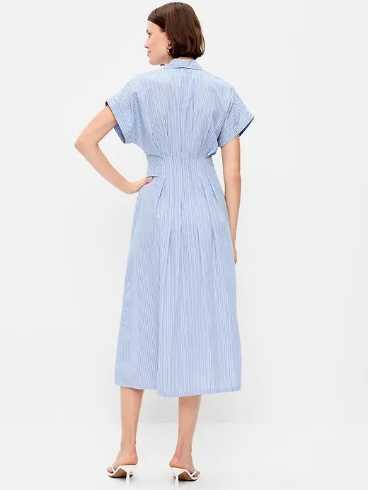 Pintuck-Waist Midi Shirt Dress