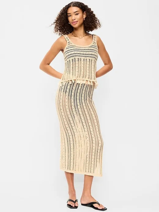 Open-Weave Seaside Cotton Column Maxi Skirt