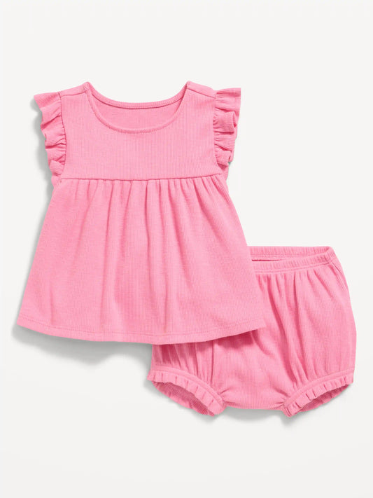 Ribbed Flutter-Sleeve Top and Shorts Set for Baby