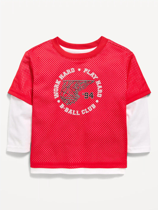 Oversized 2-In-1 Mesh Long-Sleeve T-Shirt for Toddler Boys