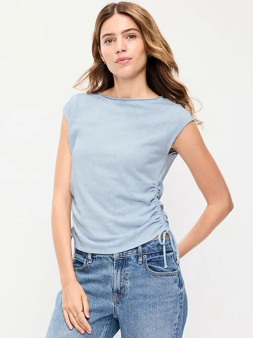 Cap-Sleeve Shirred Side Top