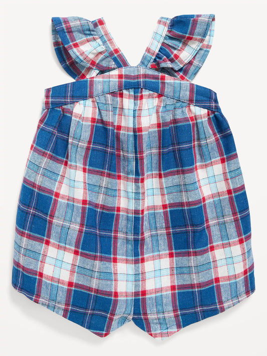 Printed Sleeveless Linen-Blend Romper for Baby