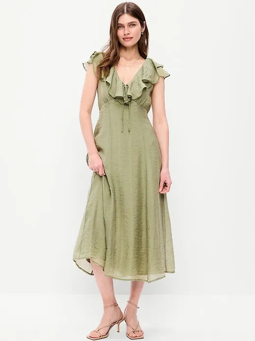 Ruffle-Sleeve Fit & Flare Midi Dress