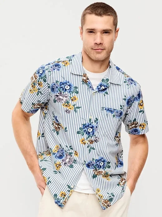 Short-Sleeve Textured Jacquard Camp Shirt