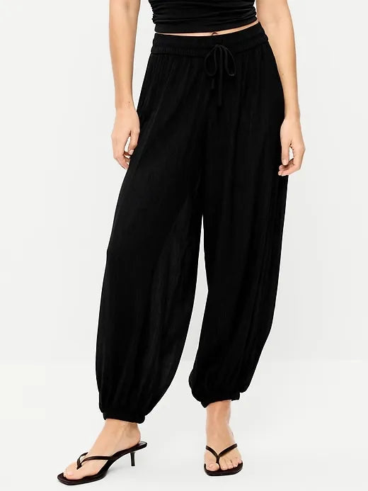 High-Waisted Sheer Crinkle Crepe Harem Pants