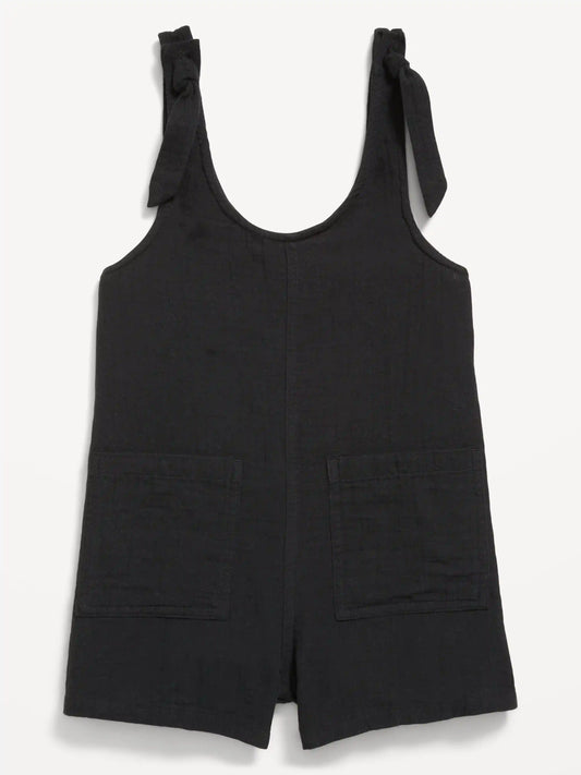Sleeveless Tie-Strap Double-Weave Romper for Girls