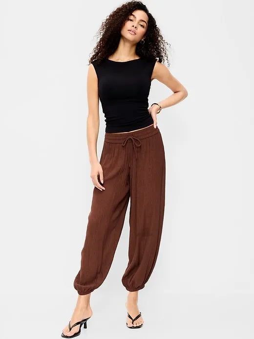 High-Waisted Sheer Crinkle Crepe Harem Pants