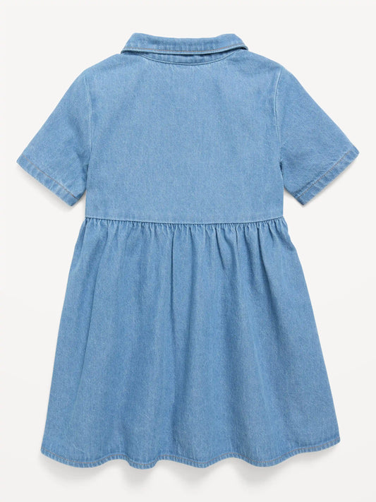 Short-Sleeve Denim Shirt Dress for Toddler Girls