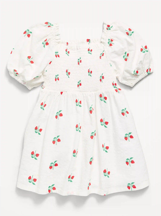 Printed Fit and Flare Puff-Sleeve Smocked Dress for Toddler Girls