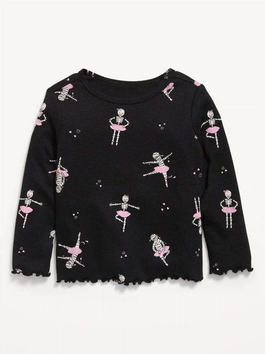 Printed Fitted Long-Sleeve Ribbed T-Shirt for Toddler Girls