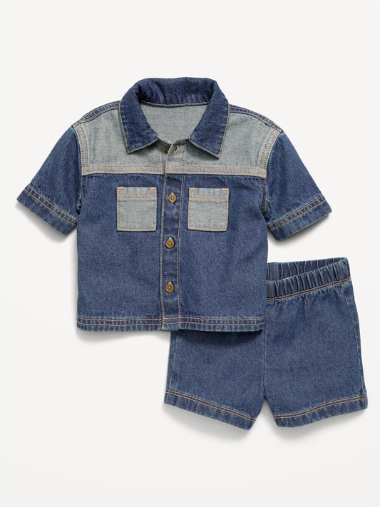 Short-Sleeve Denim Shirt and Shorts Set for Baby