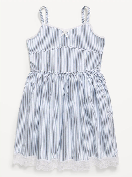Sleeveless Fit and Flare Striped Lace-Trim Dress for Girls