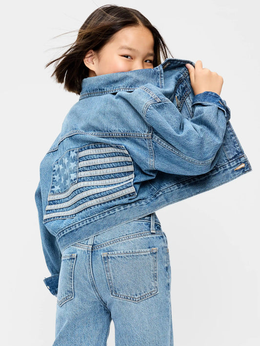 Oversized Lightweight Cropped Denim Trucker Jacket for Girls