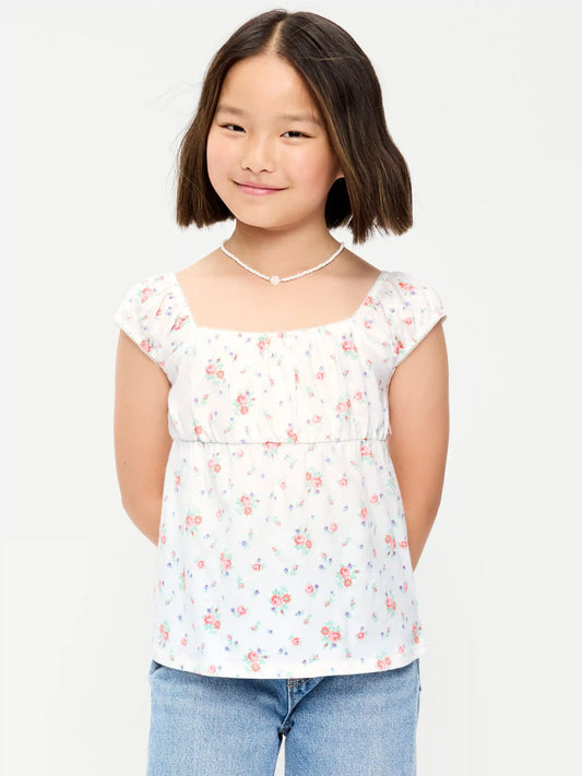 Printed Short-Sleeve Scallop-Trim Top for Girls