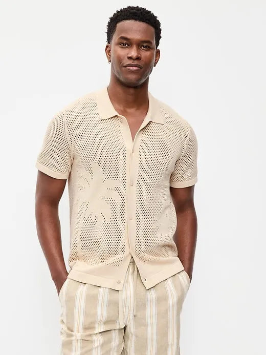 Short-Sleeve Open-Knit Sweater Shirt