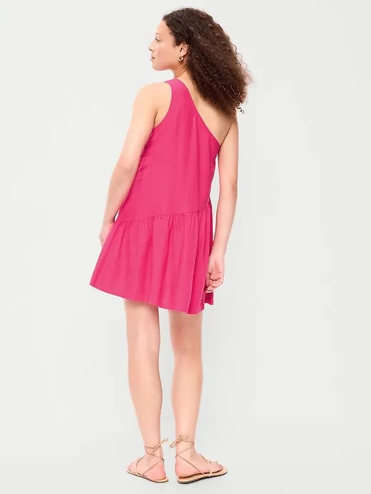 One-Shoulder Asymmetrical Linen-Blend Mini Dress