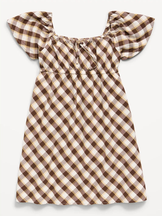 Short Flutter-Sleeve Crinkled Plaid Dress for Girls