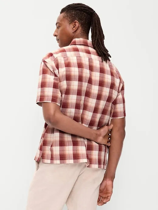 Loose Fit Textured Plaid Pocket Shirt