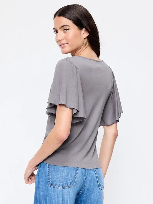 V-Neck Flutter Sleeve Top