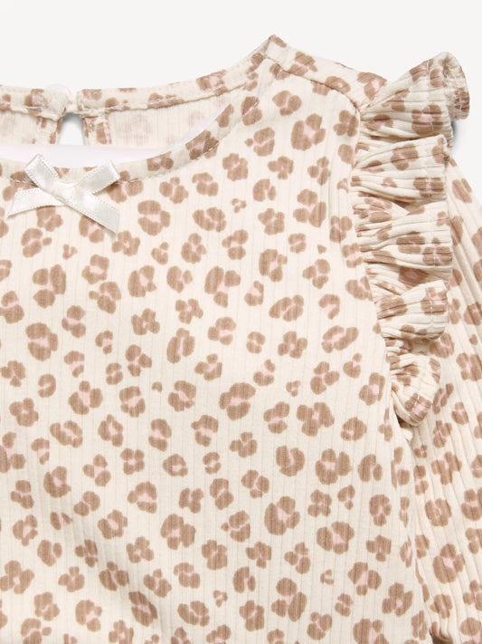 Printed Long-Sleeve Ribbed Ruffle-Trim Jumpsuit for Baby