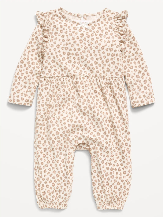 Printed Long-Sleeve Ribbed Ruffle-Trim Jumpsuit for Baby