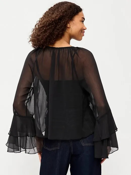 Sheer Chiffon Bell-Sleeve Top