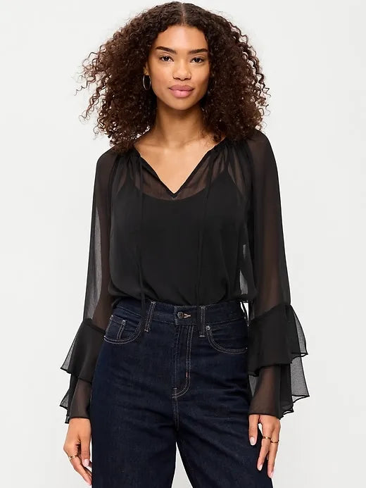 Sheer Chiffon Bell-Sleeve Top