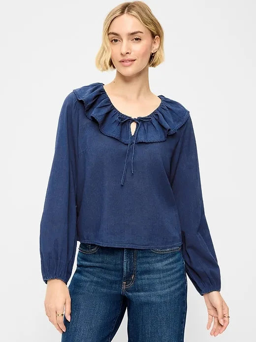 Long-Sleeve Ruffle Tie-Neck Top