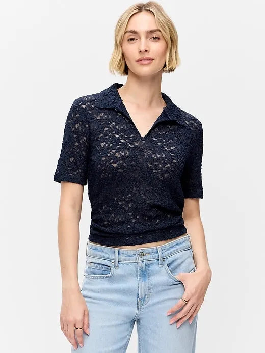 Lace Keyhole Polo Top