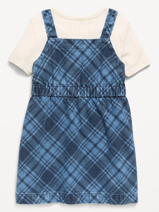 Sleeveless Plaid Denim Dress and T-Shirt Set for Toddler Girls