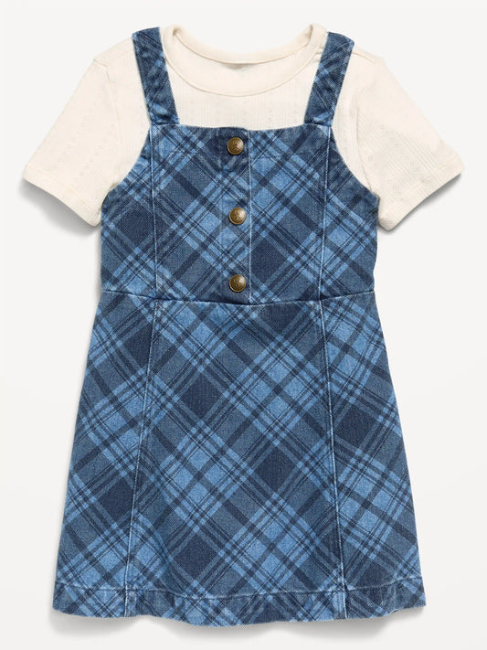 Sleeveless Plaid Denim Dress and T-Shirt Set for Toddler Girls