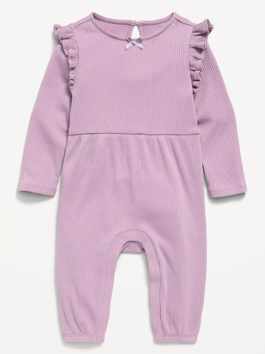 Printed Long-Sleeve Ribbed Ruffle-Trim Jumpsuit for Baby