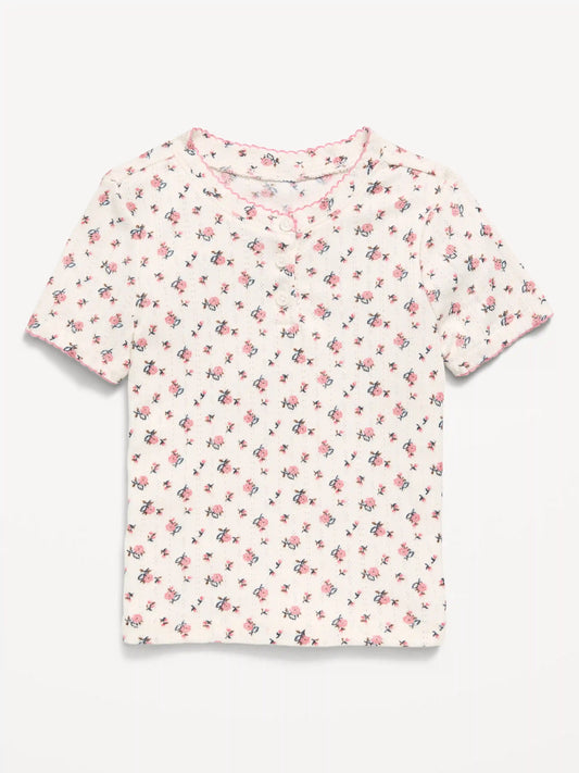 Printed Short-Sleeve Pointelle-Knit Top for Toddler Girls