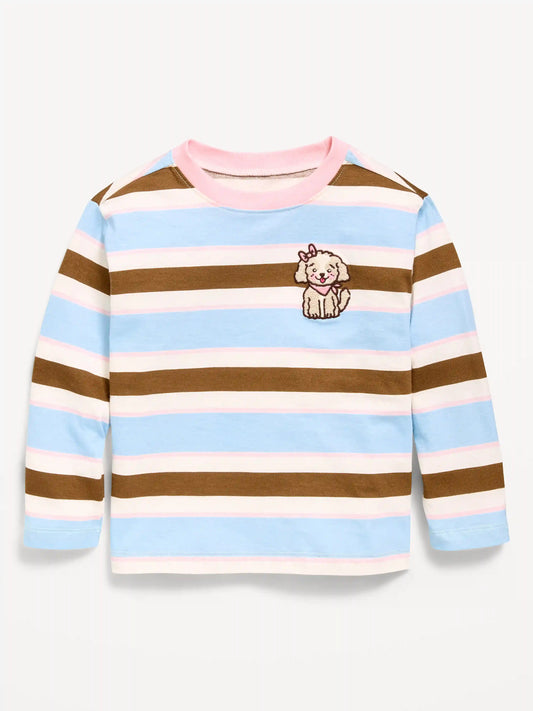 Oversized Long-Sleeve Striped Graphic T-Shirt for Toddler Girls