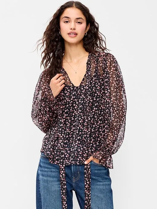 Chiffon Semi-Sheer Tie-Front Top