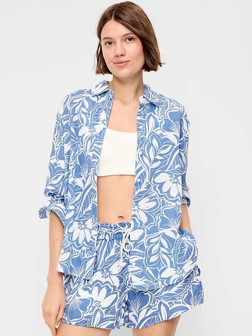 Open-Back Crinkle Gauze Button-Down Shirt