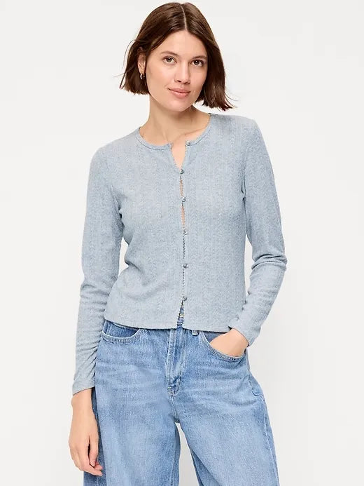 Long-Sleeve Button-Front Pointelle Top