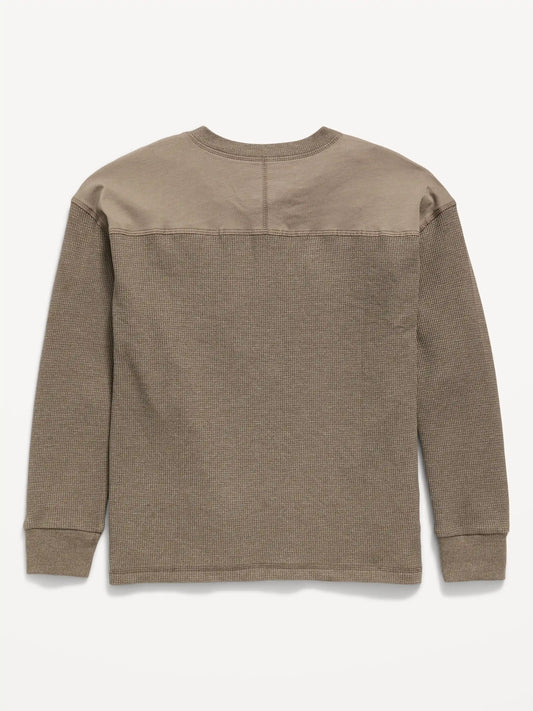 Oversized Long-Sleeve Waffle Knit Henley T-Shirt for Boys