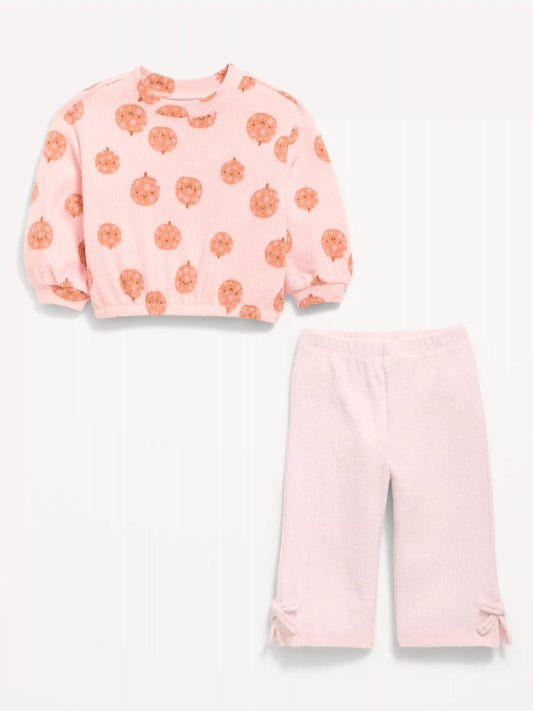 Printed Ribbed Sweatshirt and Wide-Leg Pants Set for Baby