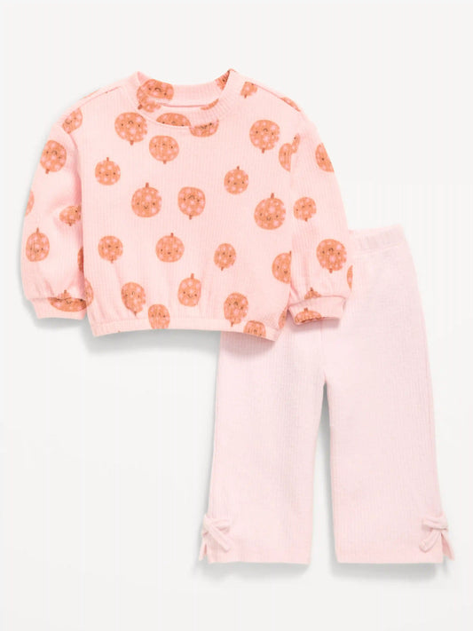 Printed Ribbed Sweatshirt and Wide-Leg Pants Set for Baby