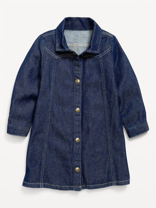 Long-Sleeve Western Denim Shirt Dress for Toddler Girls